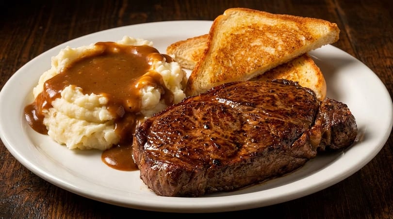 Juicy steak, mashed potatoes with gravy, and golden toast on a white plate.