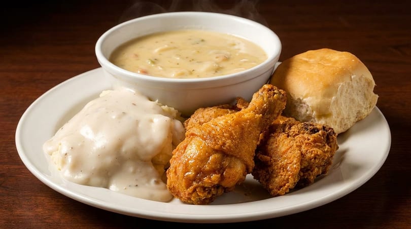 Golden fried chicken, mashed potatoes with gravy, creamy soup, and a dinner roll.