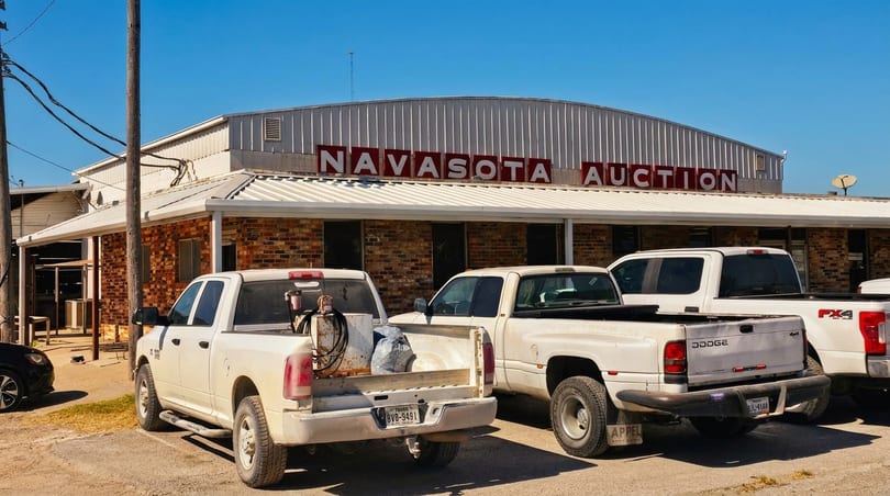White pickup trucks parked in front of the Navasota Auction building under a clear blue sky.
