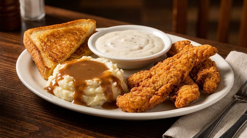 Plate of fried chicken tenders, mashed potatoes with gravy, toasted bread, and a side of white gravy.